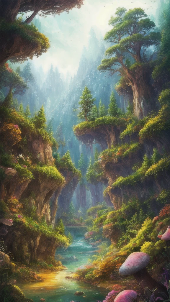 masterpiece, best quality, high quality,Extremely detailed CG unity 8k wallpaper, Enchanting fantasy scene of a fantasy forest, Towering trees, Glowing Mushrooms, and the hidden fairy canyon, Create a mysterious and charming feeling, Art Station, Digital Illustration, complex, Hot, Soft colors, painting, Award-winning photography, Bokeh, Depth of Field, Human Development Report, bloom, Chromatic Aberration ,Reality,Extremely detailed, Hot on Art Station, Hot on CGsociety, complex, High Detail, dramatic, midjourney's Artwork