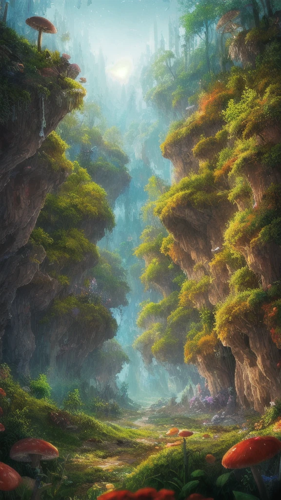 masterpiece, best quality, high quality,Extremely detailed CG unity 8k wallpaper, Enchanting fantasy scene of a fantasy forest, Towering trees, Glowing Mushrooms, and the hidden fairy canyon, Create a mysterious and charming feeling, Art Station, Digital Illustration, complex, Hot, Soft colors, painting, Award-winning photography, Bokeh, Depth of Field, Human Development Report, bloom, Chromatic Aberration ,Reality,Extremely detailed, Hot on Art Station, Hot on CGsociety, complex, High Detail, dramatic, midjourney's Artwork