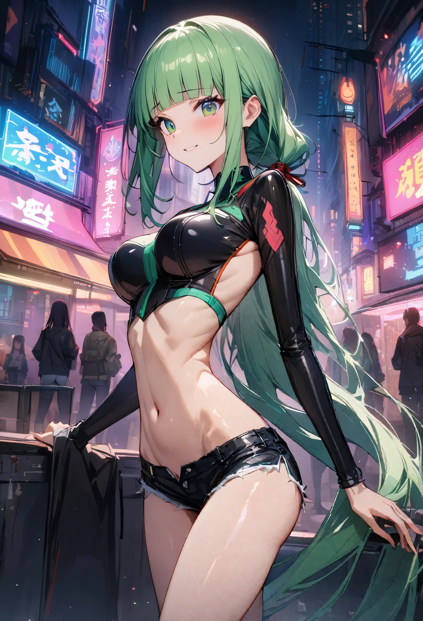 ((masterpiece,Highest quality:1.3)),cowboy shot,1woman,30 year old beauty,独奏,((very small head:1.3)),green hair,(low ponytail),long hair,blunt bangs,green eyes,gorgeous eyes,shy,smile,medium breasts,((very long body:1.2)),((toned body,slender body,skinny)),gleaming skin,shiny skin,(Black leather bodysuit、Long sleeve、Micro Shorts)、barefoot、Black leather combat boots、standing,Metropolis、neon、cyber punk、World of Blade Runner、