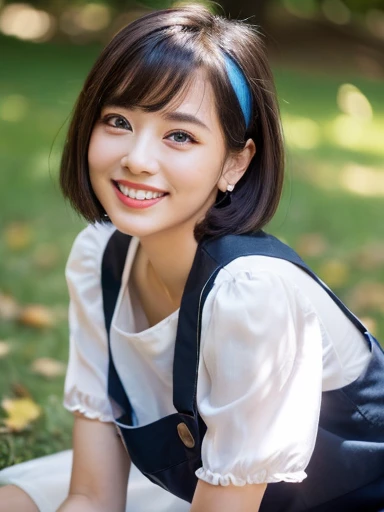 ((SFW、masuter piece、Best Quality、masutepiece、top-quality、Highest Standards、Top image quality、1 girl、English Made、Ruffled headband、Short bob cut、frilled blouse、Ribbon Ties、pinafore、Long skirt、puff sleeves、white silk ankle sockrill、A dark-haired、Intense pale blue eyes、Strong highlights of the eyes、Perfect Anatomy、Dynamic lighting、lipgloss))、(Raw photo:1.2)、(photoRealstic:1.4)、((Almost never look up、Look firmly at the camera、Take a photo from a little above with the camera))、Beautiful face with perfect symmetry、beautiful detailed women、extremely detailed eye and face、beatiful detailed eyes、Smile at your audience、laughing very happily、Very smiling、Beautiful teeth、Beautiful teeth alignment、ultra-detailliert、ighly detailed、Light on the Face、((dynamicposes))、(camel's toe)、(half)、(Sitting on legs with bent knees)、shorth hair、crossed bangs、asymmetrical bangs、Short bob cut、Put your ears out、Lashes、cute haddo fade、Shadow Fade:0.9、A little natural light coming in from the front、A little natural light coming in from both sides、Autumn nature background in the daytime:1.2、The face brightens a little