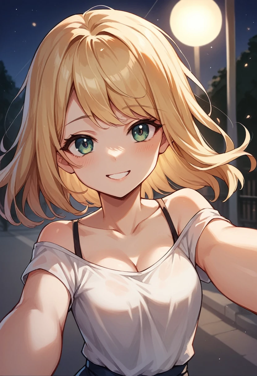 masterpiece,16k,8k,Delicate expression,highest quality,high resolution,High resolution,Sweat,1girl,look at viewer,blush,happy smile,sweat stains,steam,wet,fish eye lens,cowboy shot,summerlarge breast,from front,from above,(focus face:1.2),(pov:1.4),fisheye lens,upper body,open mouth,happy smile,show oral,show off armpits,sleeveless,shirt,bed room,blond hair,green eyes,cat eyes