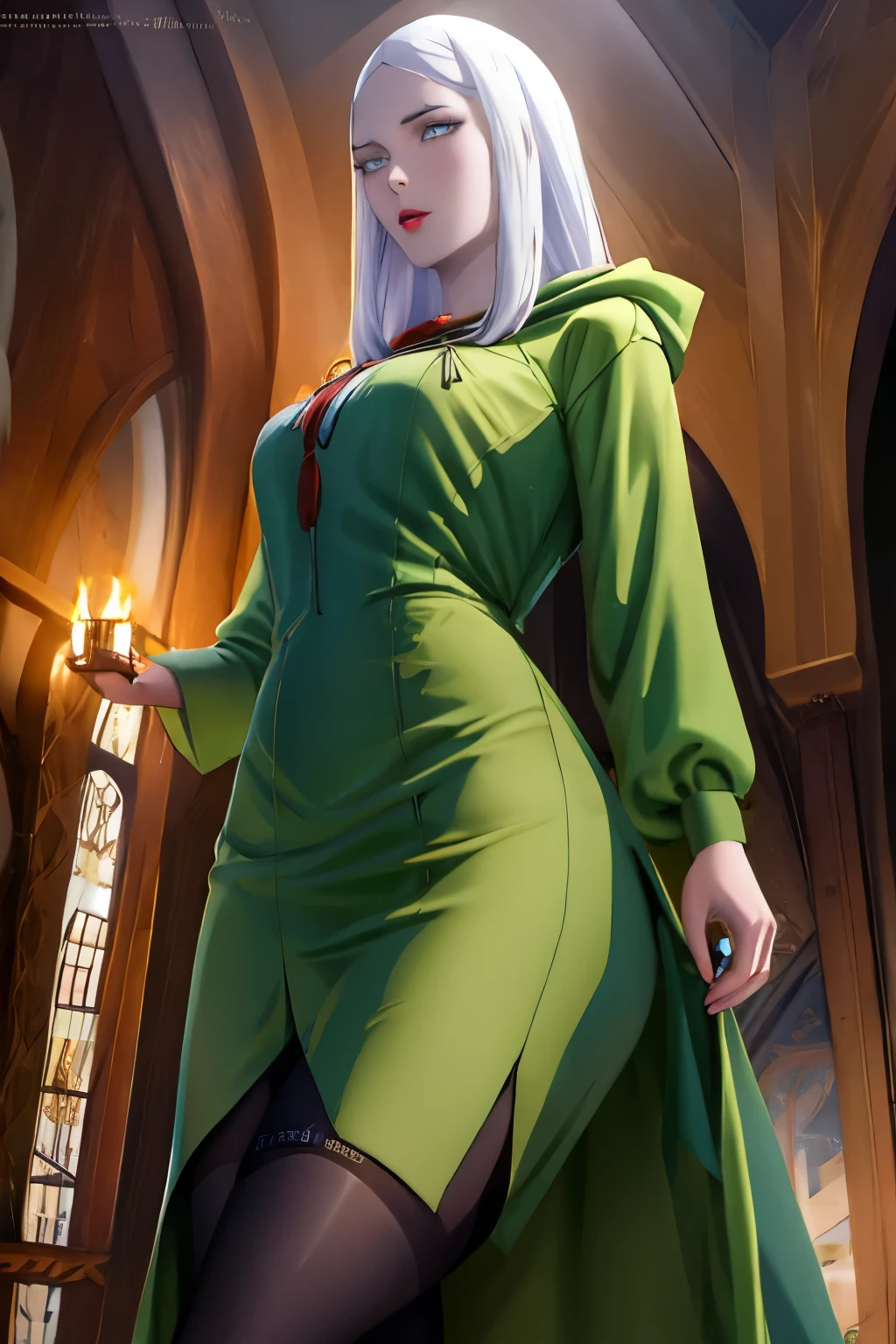 carmilla, medium breasts, Young girl, teenager ((16 years)), Witch, Witch, slytherim, green clothes, hood, hood, Hogwarts al fondo, Hogwarts, evening, night,by white, beautiful face, blue eyes, (Masterpiece:1.2), Best Quality, absurdities, high resolution, extremely detailed wallpaper, perfect lighting, from below, socks, stockings, heels, hig heels, pussy, NSFW,+18