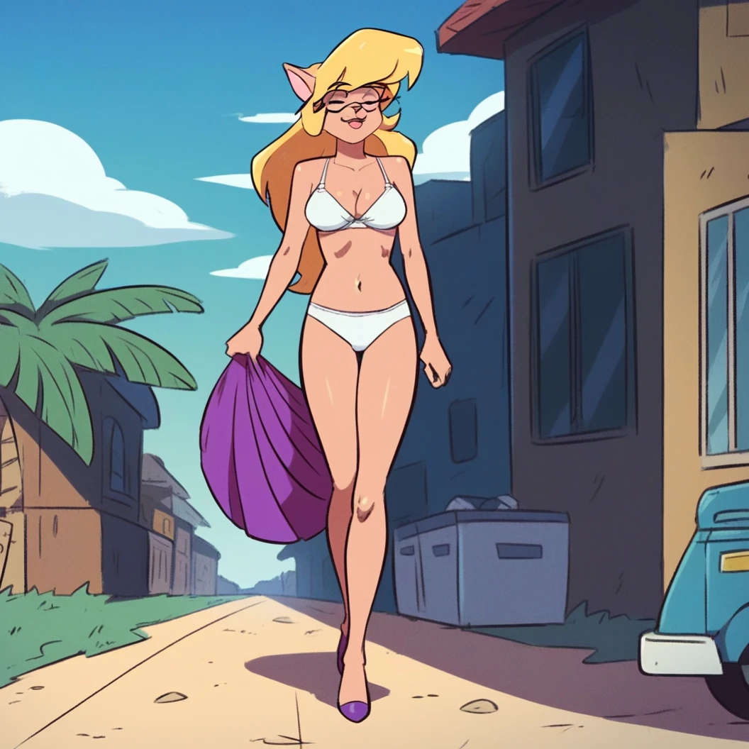 score_9, score_8_up, score_7_up, score_6_up, score_5_up, score_4_up, (Source furry), (rating nsfw), 1girl solo, outdoors, beachfront, glasses, callie briggs, detailed, detailed fur, front view, side view, wiggling her hips, full view, legs, purple heels, white panties, walking, scat-singing, eyes closed, white bra, hula skirt, beach, blonde hair, feeling classy