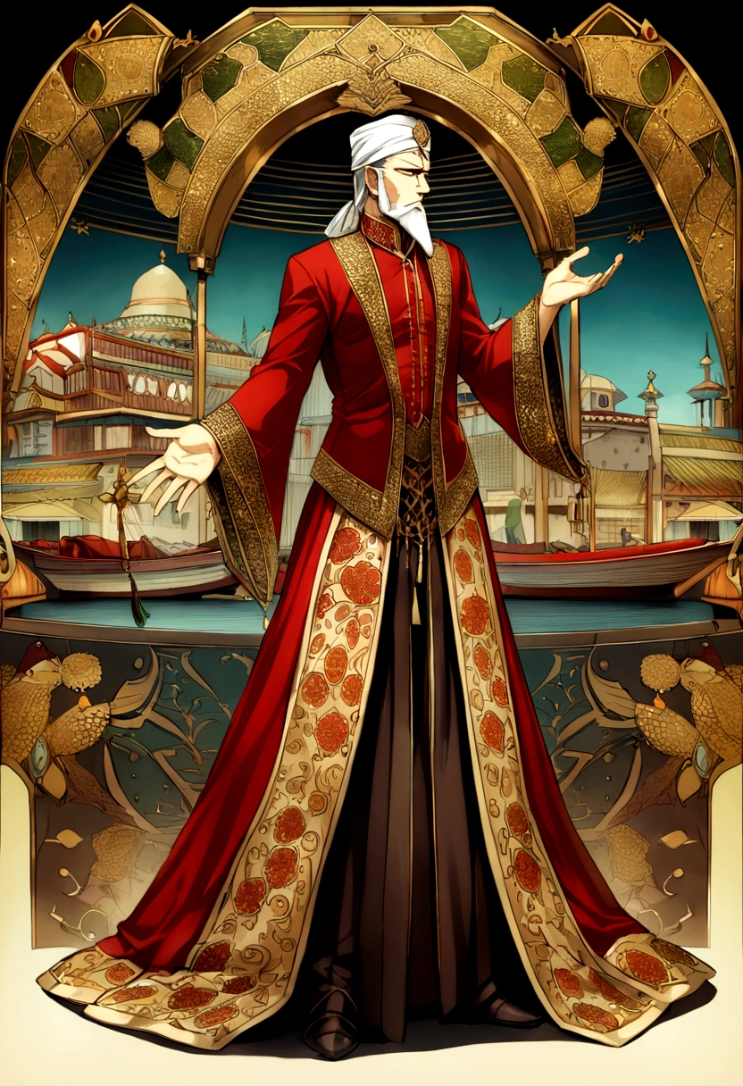 Parameswara, the first ruler of the Malacca Sultanate, stands proudly in traditional Malay royal attire, featuring an elaborately embroidered baju kebaya adorned with gold and silver thread, a jeweled tanjak and tengkolok, and regal accessories. His stern yet composed expression, strong angular face, and well-groomed beard exude wisdom and determination. Holding a beautifully crafted kris in his right hand and gesturing confidently with his left, he commands attention. The backdrop depicts the early Malacca Sultanate with a bustling port city, vibrant market, and ongoing construction, highlighting the kingdom's prosperity and growth. Rich colors and luxurious textures emphasize his royal status and the wealth of his garments, character turnaround, Front view, Side view, Back view