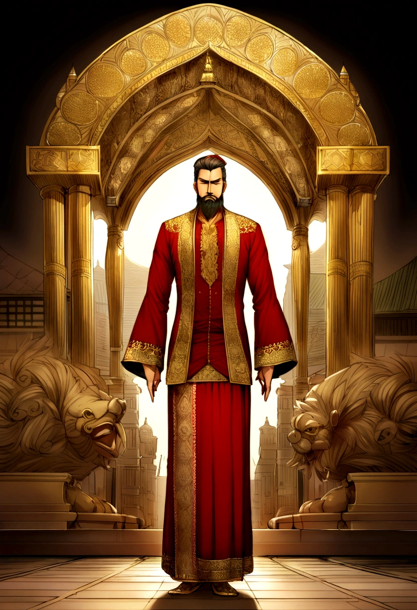Parameswara, the first ruler of the Malacca Sultanate, stands proudly in traditional Malay royal attire, featuring an elaborately embroidered baju kebaya adorned with gold and silver thread, a jeweled tanjak and tengkolok, and regal accessories. His stern yet composed expression, strong angular face, and well-groomed beard exude wisdom and determination. Holding a beautifully crafted kris in his right hand and gesturing confidently with his left, he commands attention. The backdrop depicts the early Malacca Sultanate with a bustling port city, vibrant market, and ongoing construction, highlighting the kingdom's prosperity and growth. Rich colors and luxurious textures emphasize his royal status and the wealth of his garments, character turnaround, Front view, Side view, Back view