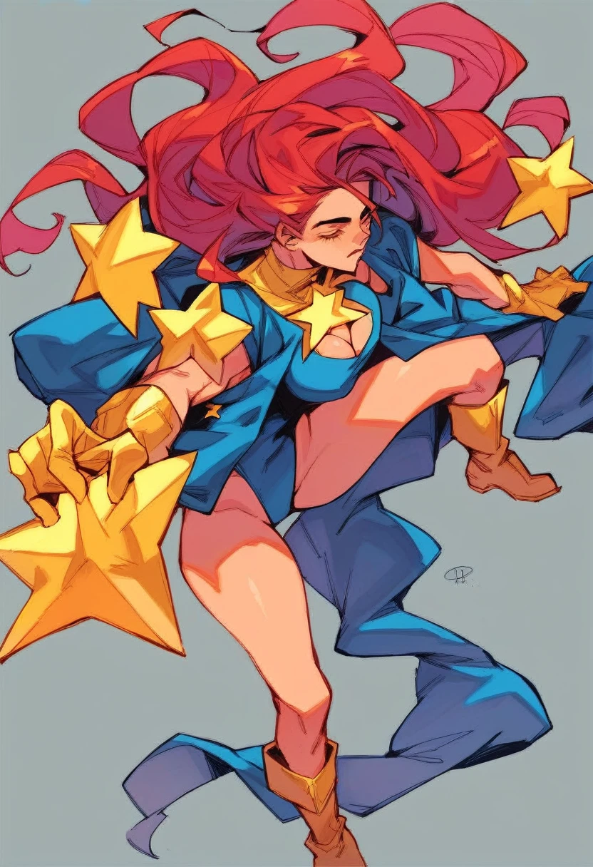 Sexy,Superheroine, Red hair, long hair, busty, ((blue highleg leotard with a t-back thong and a gold star insignia on chest)), gold boots, gold gloves, ass