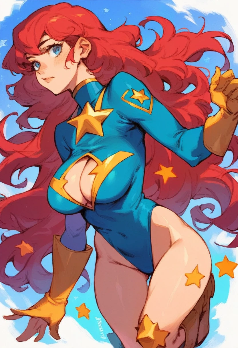 score_9, score_8_up, score_7_up, score_6_up, score_5_up, score_4_up, ((source_anime)), Sexy, Superheroine, Red hair, long hair, busty, ((blue highleg leotard with a t-back thong and a gold star insignia on chest)), gold boots, gold gloves, curvy, ((cleavage cutout))