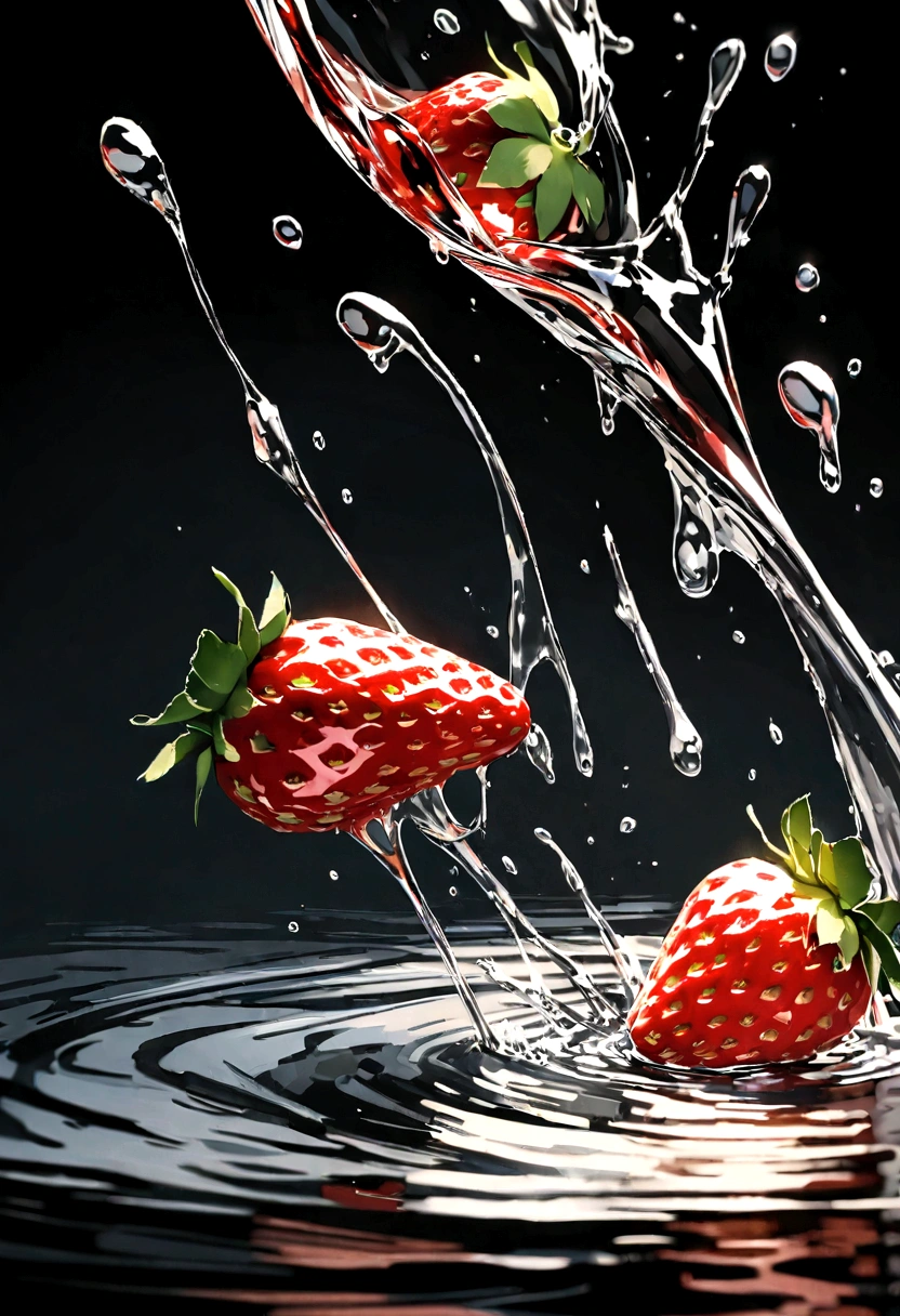 Cinematic RAW Photos,Ultra-realistic photos,Ultra-realistic photos,Digital SLR,Soft lighting,Product photo of five strawberries falling into water、Dripping、Splashing clear liquid、Water flower,Dynamic Composition Star Part) (Highest quality) (be familiar with) (Cinema Lighting) (Sharp focus) (Complex), Master Parts, Highest quality, Ultra-high resolution, 8K Ultra HD