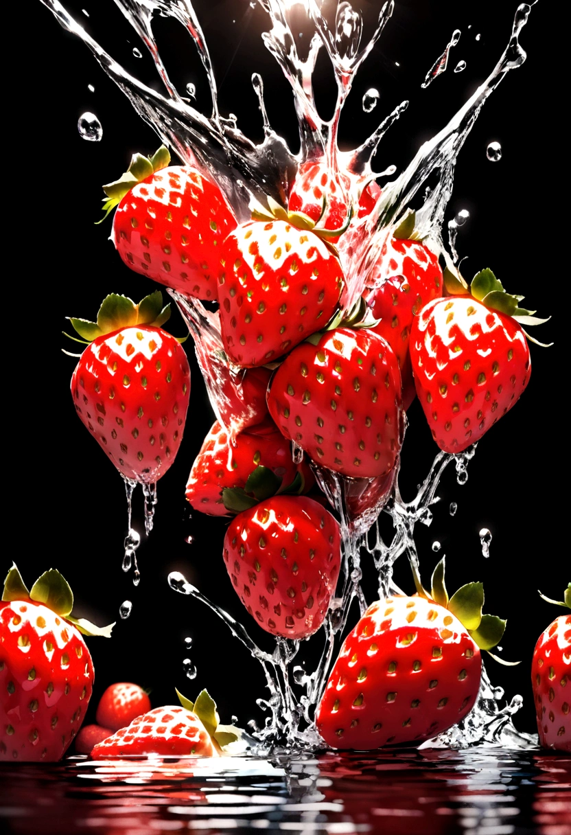 Cinematic RAW Photos，Ultra-realistic photos，Ultra-realistic photos，Digital SLR，Soft lighting，Product photo of five strawberries falling into water、Dripping、Splashing clear liquid、Water flower，Dynamic Composition Star Part) (Highest quality) (be familiar with) (Cinema Lighting) (Sharp focus) (Complex), Master Parts, Highest quality, Ultra-high resolution, 8K Ultra HD