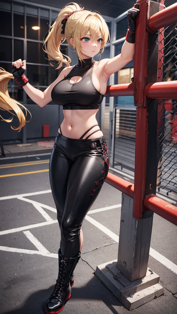 One woman,whole body,Standing,Big Breasts,Blonde,ponytail,Mixed Martial Arts,tight black tank top,Black leather boots,Red Finger Gloves