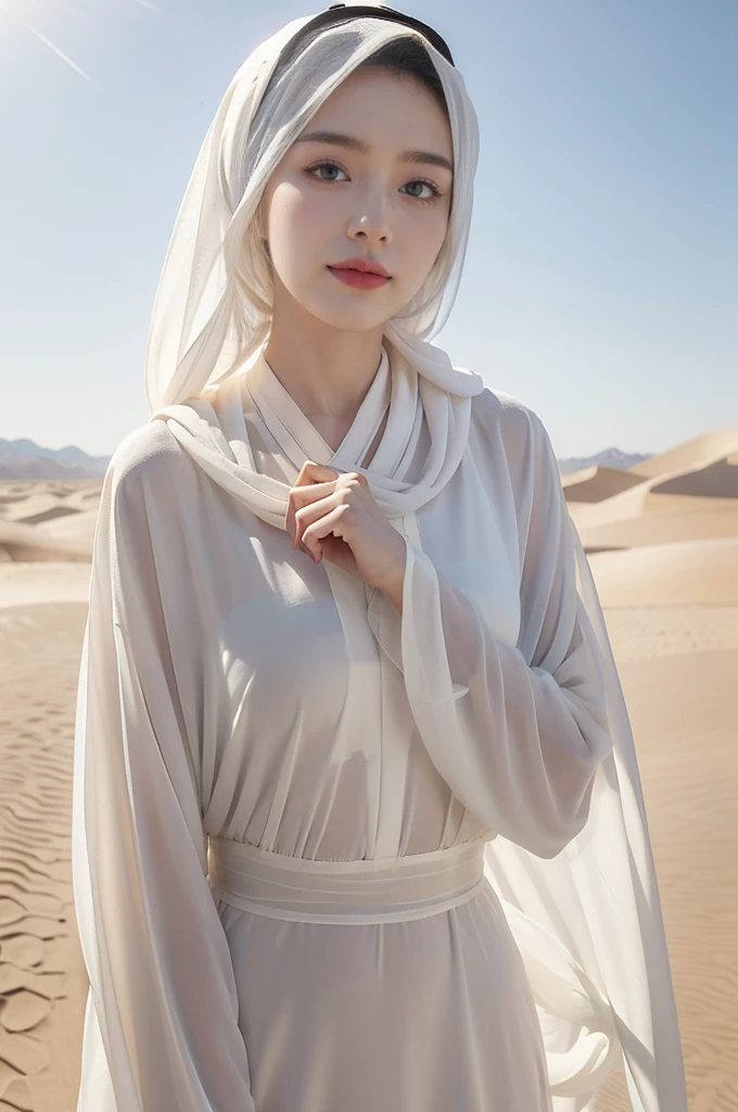 (((best quality))),(((ultra detailed))),(((masterpiece))),illustration,1 Arabian girl, beautiful,solo,slim,thin,small breasts,flat chest,summer,(in desert:1.3),white headscarf,(see through white sheer abaya:1.3),radiant smile, fair complexion, sun rays, gentle breeze, elegant attire, practical robe, delicate headdress, vast expanse, golden sand, azure sky, rolling dunes, stillness, rustling robe,natural landscape, graceful elegance,no water,((from front,upper body))