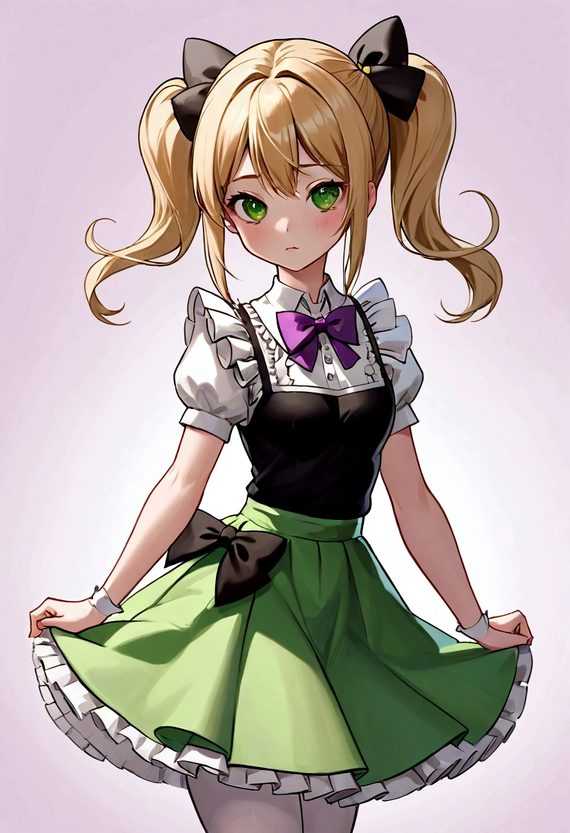 A cartoon girl with blond hair and green skirt,Wearing a maid outfit,A bow around the neck,Purple Eyes,There is a green bow on the ponytail,Black ballet shoes,Cross your hands in front of you