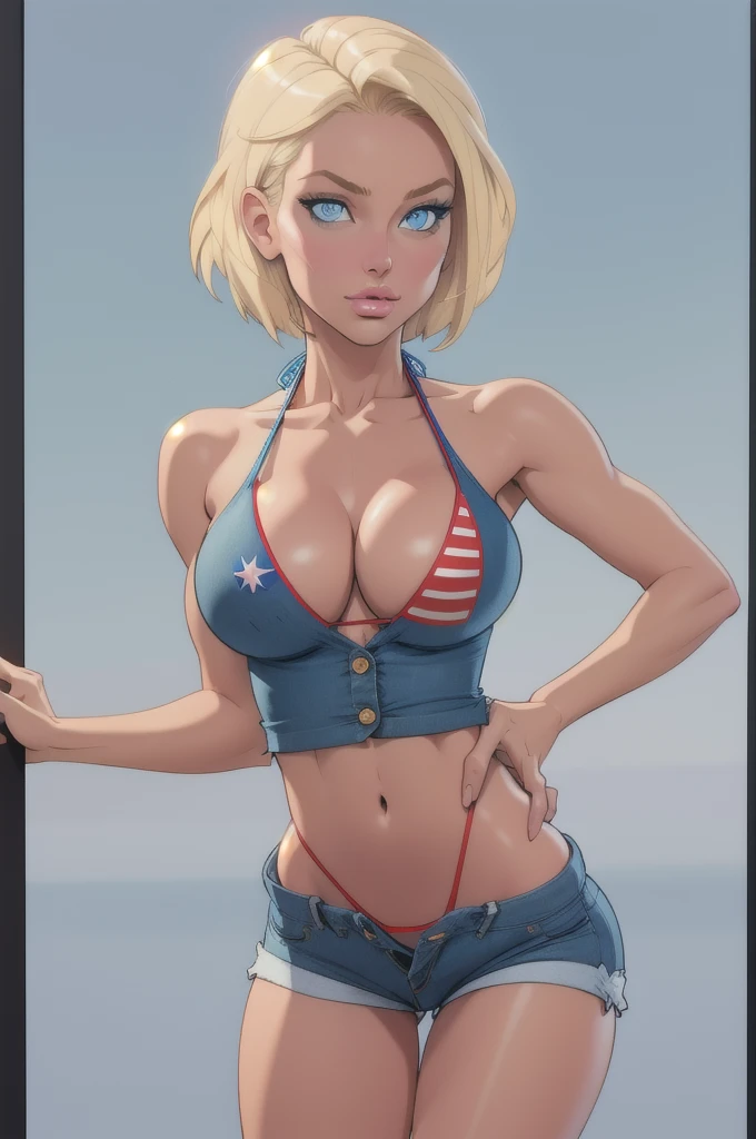 Panel work of art, blue colored eyes, short blonde hair, wearing a bikini with the flag of the United States, with neckline, wearing short, tight denim shorts with the buttons open, defined body, 4K HD image