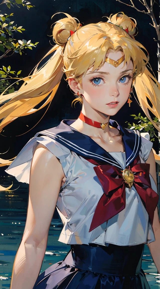 ((masterpiece)), (best quality), official art, extremely detailed CG,
1girl, sailor moon, blue eyes, blonde hair, long hair, hair bun, jewelry, sailor senshi uniform, blue sailor collar, red choker, twintails, red bow, blue skirt, holding binoculars, outdoors, forest, Realistic portrait of the protagonist of the anime Sailor Moon (Super detailed,ultra high resolution,detailed background),((2D)),((flat color)),((colorful)),((floating colorful water)),1 girl,alone,looking at the viewer,break