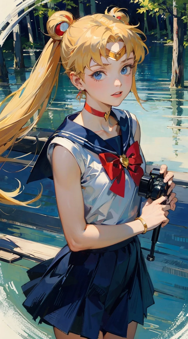 ((masterpiece)), (best quality), official art, extremely detailed CG,
1girl, sailor moon, blue eyes, blonde hair, long hair, hair bun, jewelry, sailor senshi uniform, blue sailor collar, red choker, twintails, red bow, blue skirt, holding binoculars, outdoors, forest, Realistic portrait of the protagonist of the anime Sailor Moon (Super detailed,ultra high resolution,detailed background),((2D)),((flat color)),((colorful)),((floating colorful water)),1 girl,alone,looking at the viewer,break