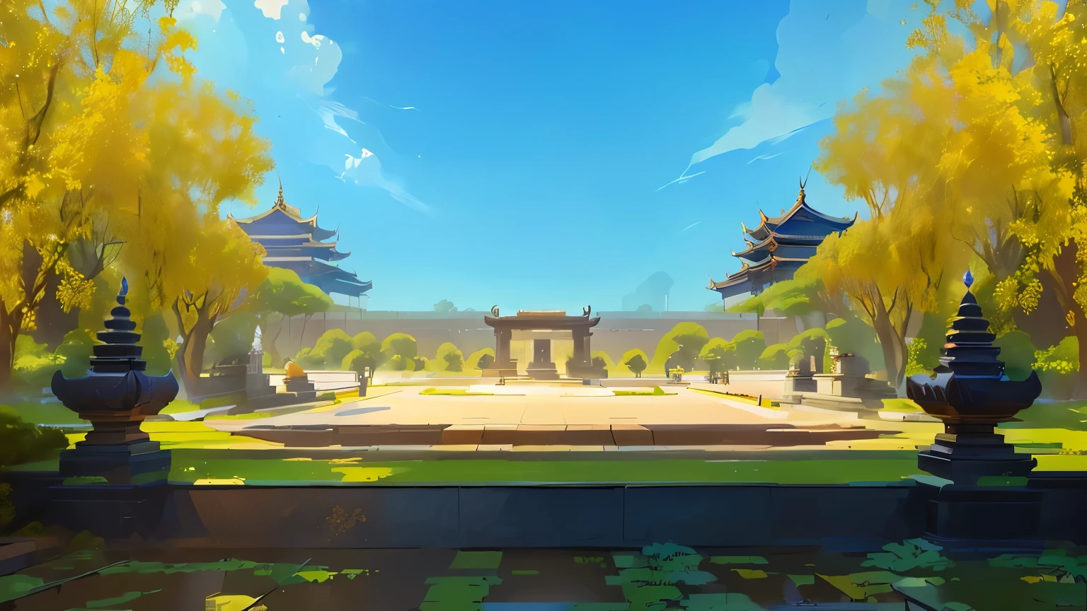 there is a painting of a courtyard, arena background, mobile game background, background art, background artwork, palace background, game background, temple background, volley court background, zen temple background, anime background art, royal garden background, amazing wallpaper, anime background, 2 d game art background, park background, anime scenery concept art, videogame background, Cassia fistula, far  architect thailand