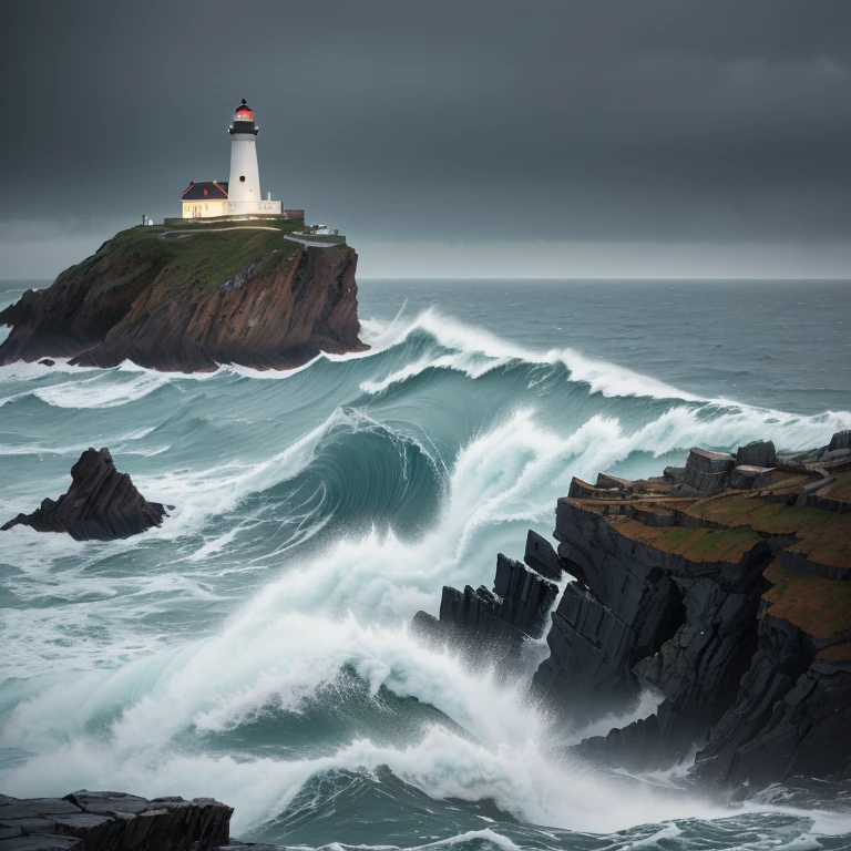 Masterpiece, Stunning Image, Ocean Waves Lapping on Rock with Lighthouse, Lighthouse Lighthouse, Heavy Rain, 30k, Highly Detailed Composition, High Detail, Rich Light. Model, cinematic lighting, sharp focus, HDR, perfect 