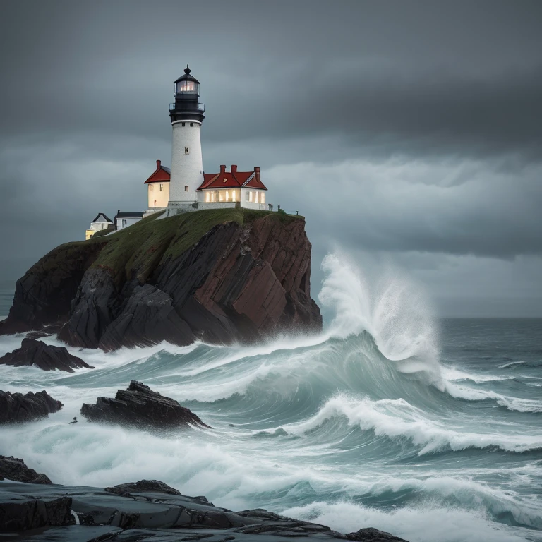 Masterpiece, Stunning Image, Ocean Waves Lapping on Rock with Lighthouse, Lighthouse Lighthouse, Heavy Rain, 30k, Highly Detailed Composition, High Detail, Rich Light. Model, cinematic lighting, sharp focus, HDR, perfect