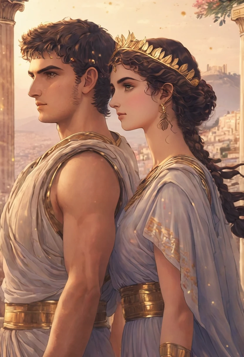 Masterpiece,quality,4k,Show a young 20 something couples in ancient Athens Greece males and females in detail,Bokeh/ with pastel shades tones colors ancient greek patterns designsIonoc Greece