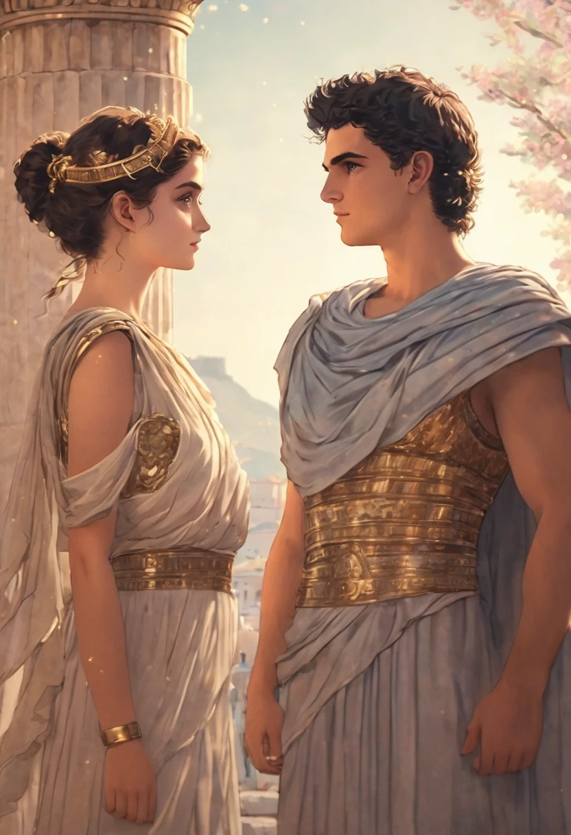 Masterpiece,quality,4k,Show a young 20 something couples in ancient Athens Greece males and females in detail,Bokeh/ with pastel shades tones colors ancient greek patterns designsIonoc Greece