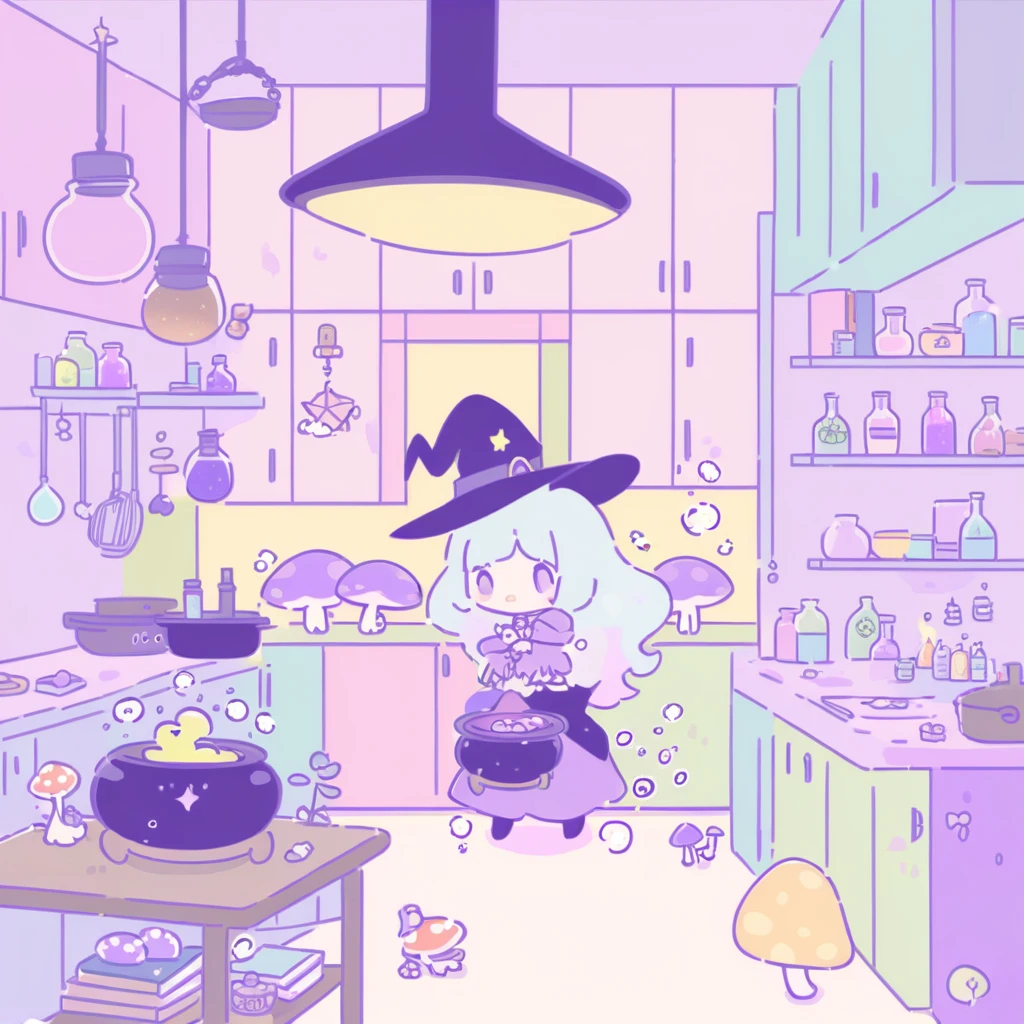 cute, witchy, kitchen, with bubbling cauldron, light colors, pastel colors, potions, books, magical mushrooms