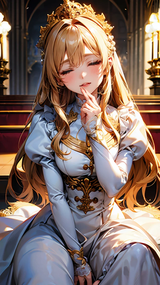 In front of the majestic church altar、（Blurred Background）、Bright light、golden long hair girl、classic white wedding dress、（Elegant luster）、（Lots of races）、Lots of ribbons、((Voluminous puff sleeves))、Long cuffs with lots of buttons、Gold embroidery、Long train、White embroidered gloves、Five Fingers、(Sexual climax), Redness on the cheeks, ((Cum in mouth, Close your mouth and eyes:1.6, penis)), 