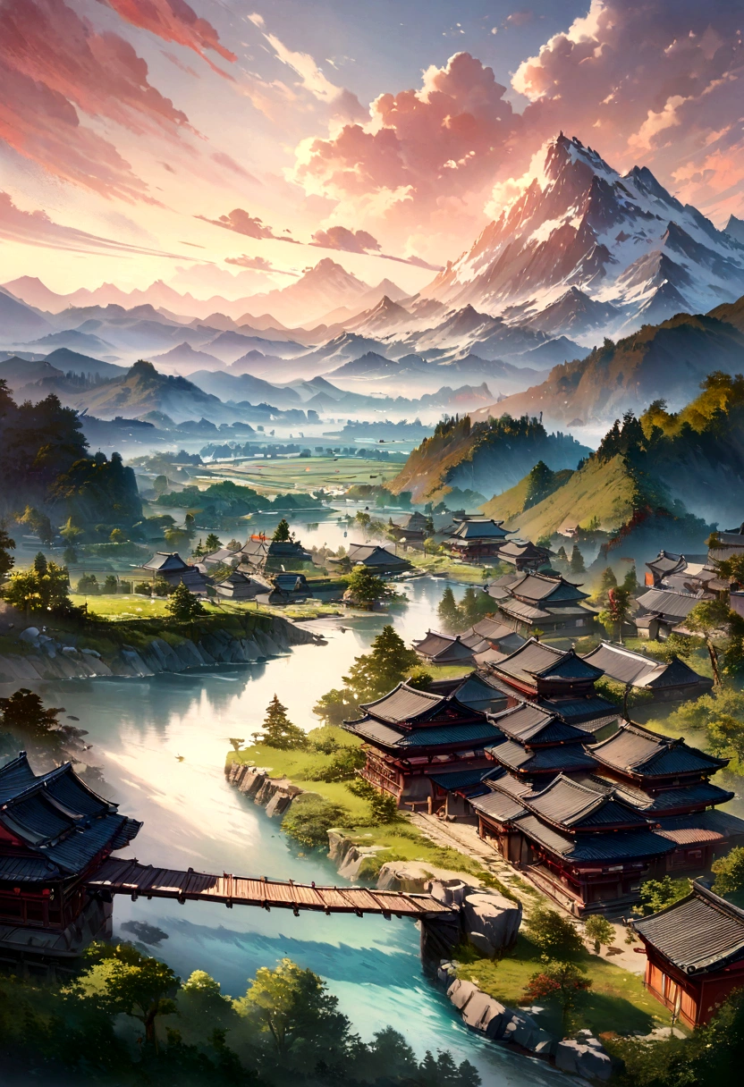 There is a bridge across the river in the painting,A mountain in the background, An art painting inspired by Yoshida Hanbei, Artstation Contest Winners, Fantasy Art, Detailed scenery —width 672, Detailed 4k, Landscape Artwork, Beautiful art UHD 4K, 4K detail art, Japanese Landscape, Japanese Village, Landscape Art Detail