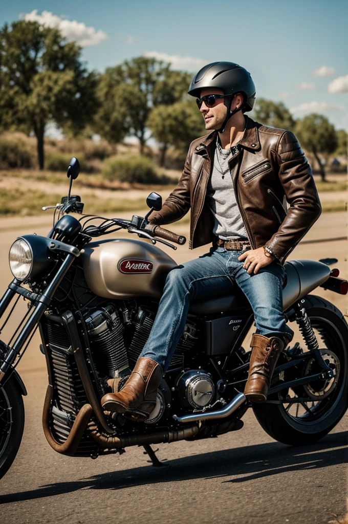 A mouse in a leather jacket cowboy boots riding a motorcycle