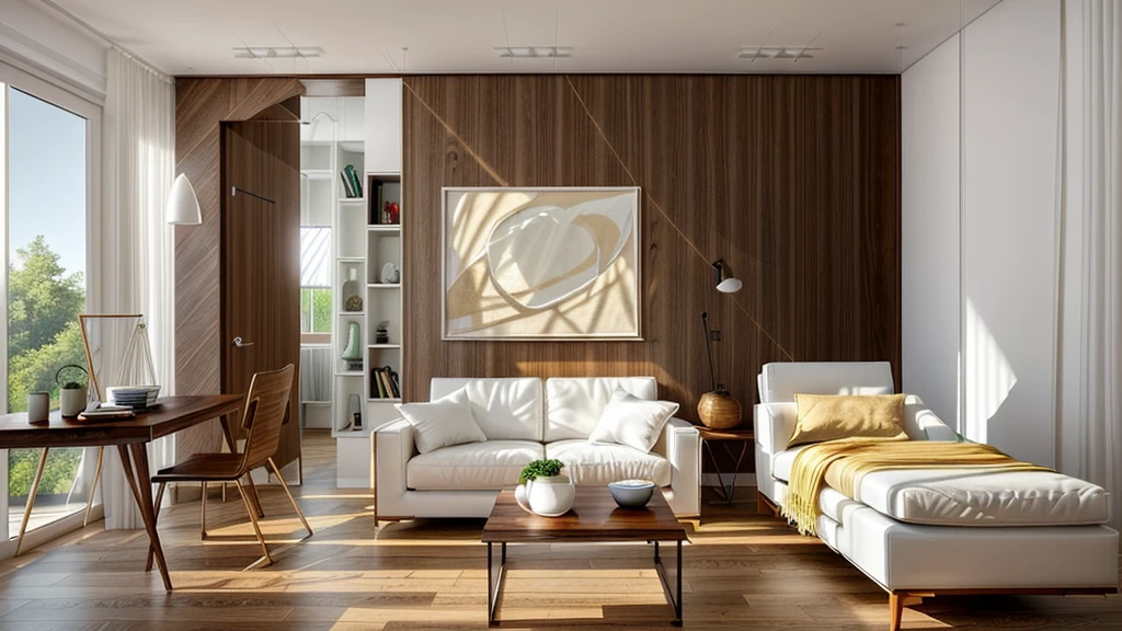 The living room has a modern style, sunlight pours into the house through the door, white is the main color tone combined with walnut wood.