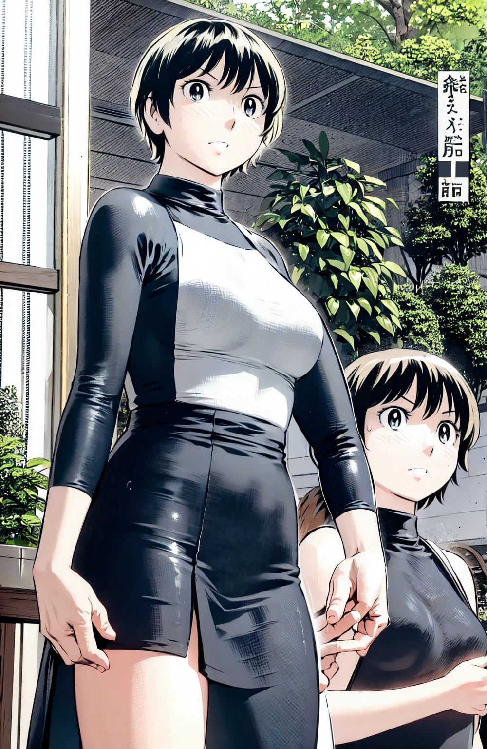 、(masterpiece、Highest quality)、Highest quality, Ultra-high resolution, (((masterpiece))), alone, Sweat、Big eyes,  No sleeve、Outdoor、Floral dress、Composition from the front、（Cut the back hair short、short hair、blonde、woman）、Shortcuts、Embarrassed face、Cut your hair short、可愛いwomanの子、Big Breasts