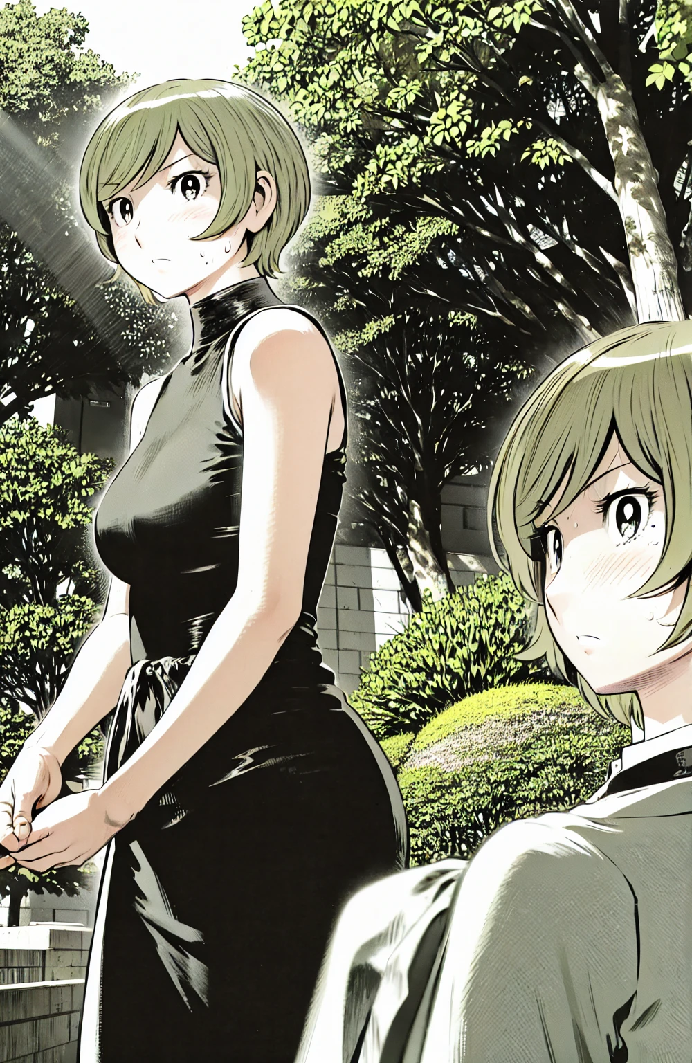 、(masterpiece、Highest quality)、Highest quality, Ultra-high resolution, (((masterpiece))), alone, Sweat、Big eyes, No sleeve、Outdoor、Floral dress、Composition from the front、(Cut the back hair short、short hair、blonde、woman)、Shortcuts、Embarrassed face、Cut your hair short、可愛いwomanの子、Big Breasts