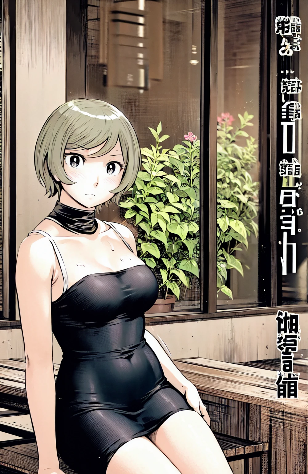 、(masterpiece、Highest quality)、Highest quality, Ultra-high resolution, (((masterpiece))), alone, Sweat、Big eyes, No sleeve、Outdoor、Floral dress、Composition from the front、(Cut the back hair short、short hair、blonde、woman)、Shortcuts、Embarrassed face、Cut your hair short、可愛いwomanの子、Big Breasts