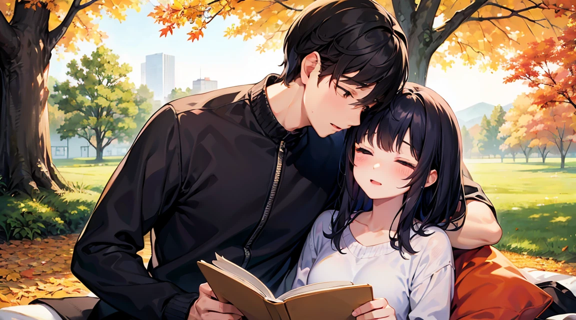 Canada、autumn leaves、Maple、hill、Maple、Leaves fall、One man and one woman, A man is sitting under a tree and reading。Woman sleeping on man's lap、Blissful expression、Korean Drama、Tokkebi、Gong Yoo、Kim Go Eun, Man in a stylish suit, Woman wearing a long-sleeved sweater, Pleated skirt, Red scarf、