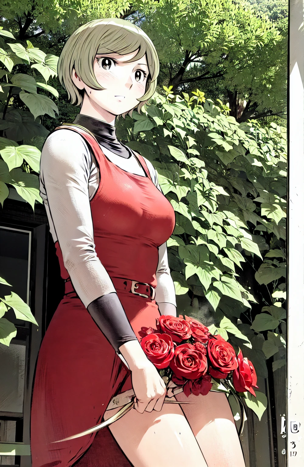 、(masterpiece、Highest quality)、Highest quality, Ultra-high resolution, (((masterpiece))), alone, Sweat、Big eyes, No sleeve、Outdoor、Floral dress、Composition from the front、(Cut the back hair short、short hair、blonde、woman)、Shortcuts、Embarrassed face、Cut your hair short、可愛いwomanの子、Big Breasts