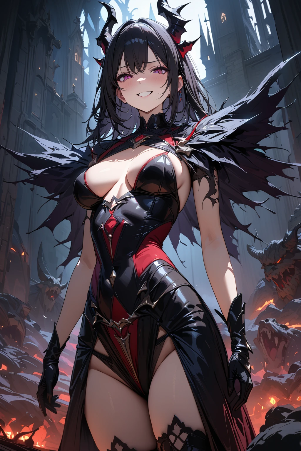 (masterpiece, best quality:1.5), (ultra detailed, high resolution, 8k, beautiful detailed, UHD, best anatomy), black hair, medium breasts, devil king, Castle of the Demon King, dark night, eerie, ominous, Eerie Smile, madness, the supremacy of a devil king