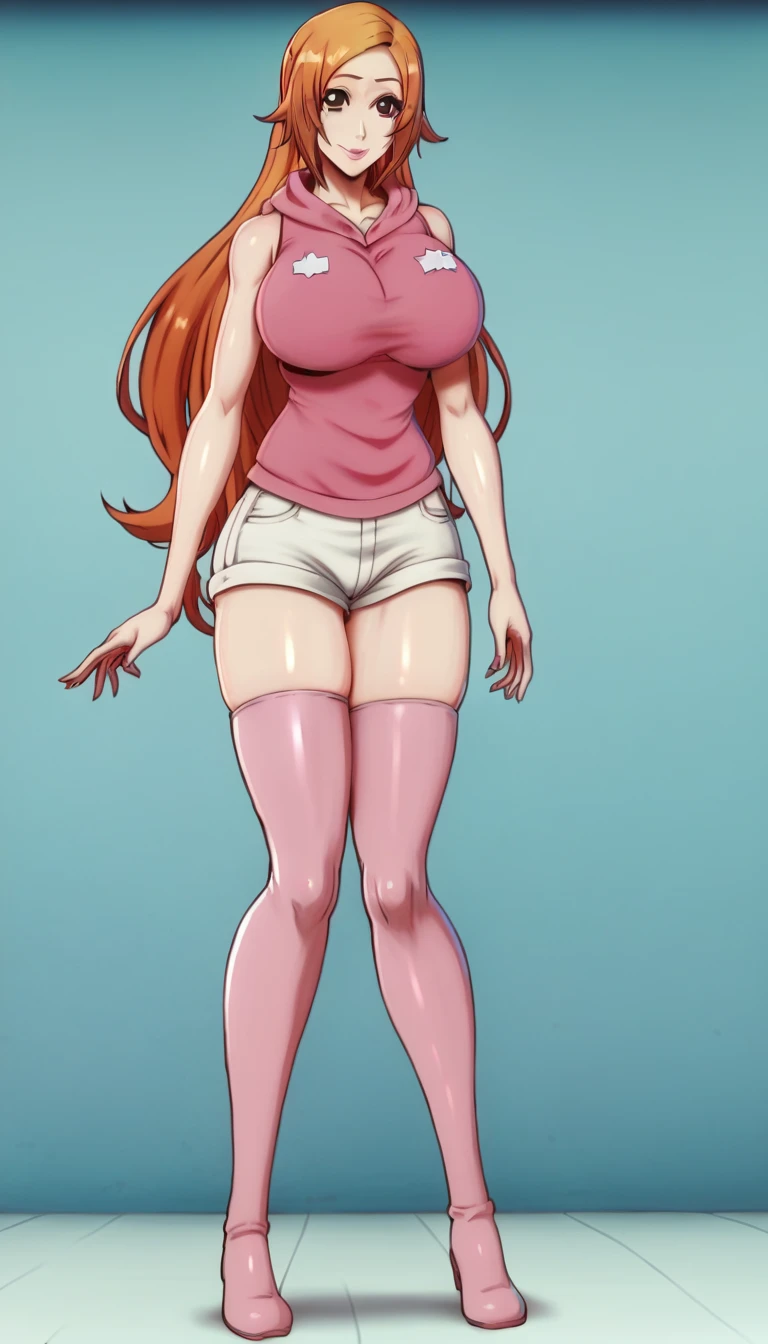 ((high aesthetic)), absurdres, absurd resolution, highly rated, highres, high resolution, best quality, masterpiece, full body, (facing viewer), standing, 1girl, ((solo)), indoors, clothed, perfect face, perfect eyes, neneneji, tight outfit, smile, natural skin texture, 4k textures, hdr, intricate, highly detailed, puffy lips, thick lips, hyperdetailed, mature female, inoue orihime, long hair, orange hair, brown eyes, thighhighs, shorts, sleeveless, hood, hoodie, pink hoodie,