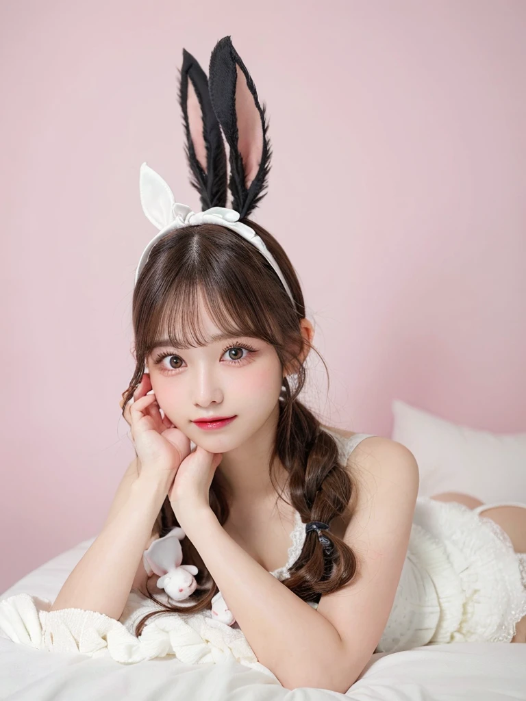 （8K、high resolution、High resolution、Fine details）Beautiful eyelashes、High resolutionの顔、Zoom out、18 years old、 Beautiful detailed eyes、Random cute hairstyles、C cup breasts、Rabbit eared headband、bunny