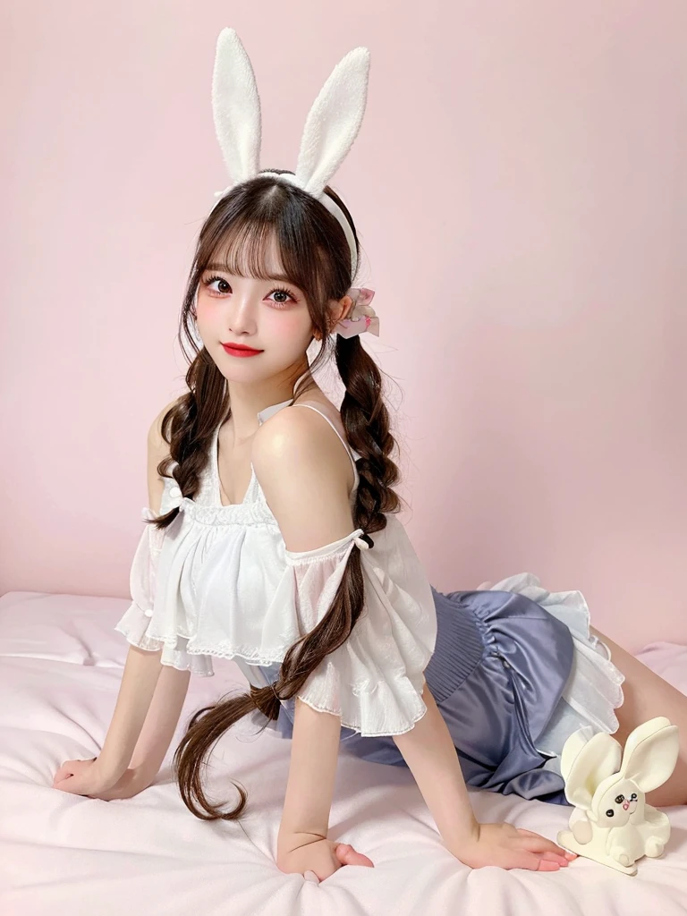 (8K、high resolution、High resolution、Fine details)Beautiful eyelashes、High resolutionの顔、Zoom out、18 years old、 Beautiful detailed eyes、Random cute hairstyles、C cup breasts、Rabbit eared headband、bunny