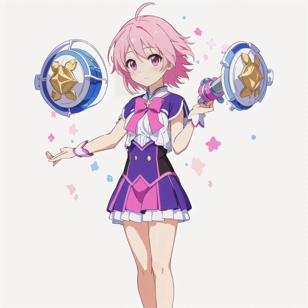 Highest quality, high resolution, High quality anime art style, Official Art, Smooth anime CG art, Stylized anime, Cute 3D anime girl render, Visual Novel Sprites, White background, whole body, Anime-style 3D, Smooth anime CG art, Humanoid Girl, JRPG Characters, Magical Girl Style, Pink Hairと紫色のドレスを着たアニメの女の子, Pink Hair, short hair, Pink ribbon, Floating in the air with stars painted on it２Spheres, Holding a magic recorder in his left hand ,Small Bust, Small breasts, 13 years old