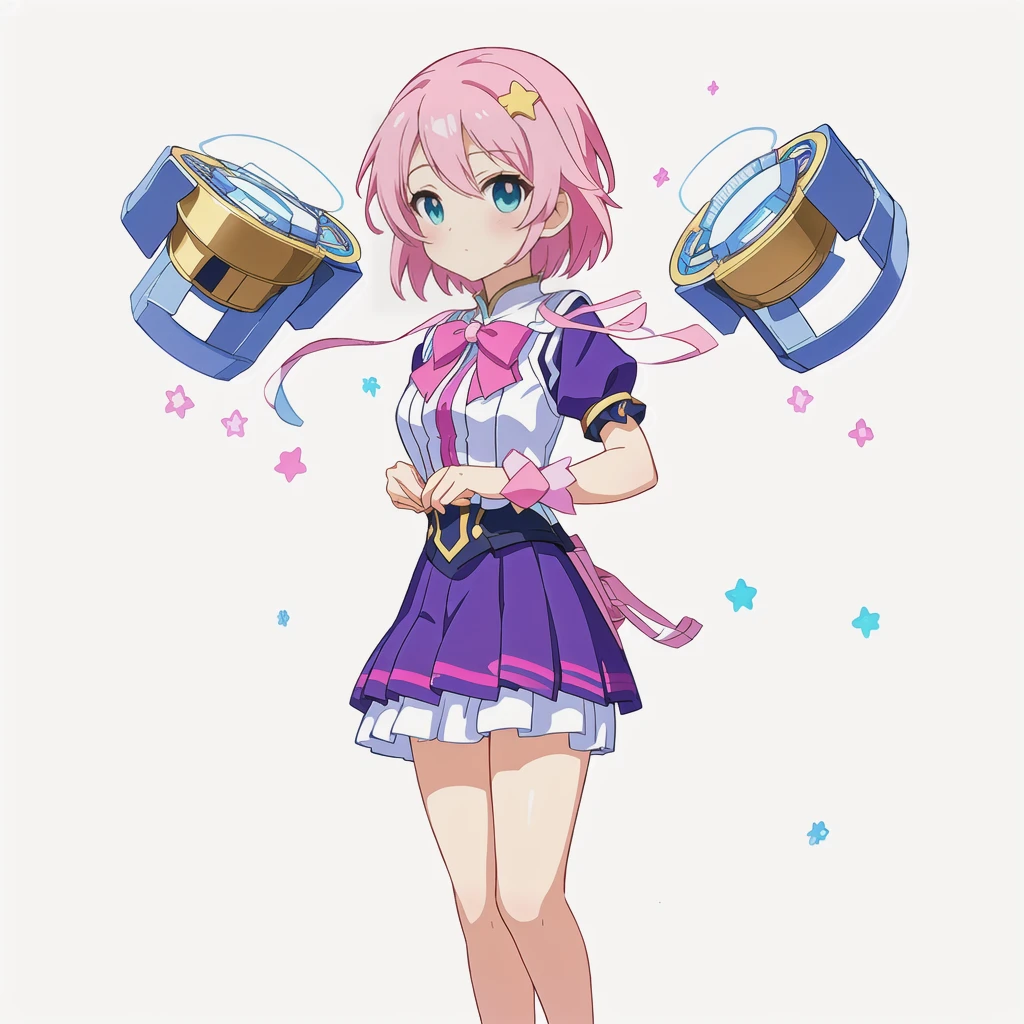 Highest quality, high resolution, High quality anime art style, Official Art, Smooth anime CG art, Stylized anime, Cute 3D anime girl render, Visual Novel Sprites, White background, whole body, Anime-style 3D, Smooth anime CG art, Humanoid Girl, JRPG Characters, Magical Girl Style, Pink Hairと紫色のドレスを着たアニメの女の子, Pink Hair, short hair, Pink ribbon, Floating in the air with stars painted on it２Spheres, Holding a magic recorder in his left hand ,Small Bust, Small breasts, 