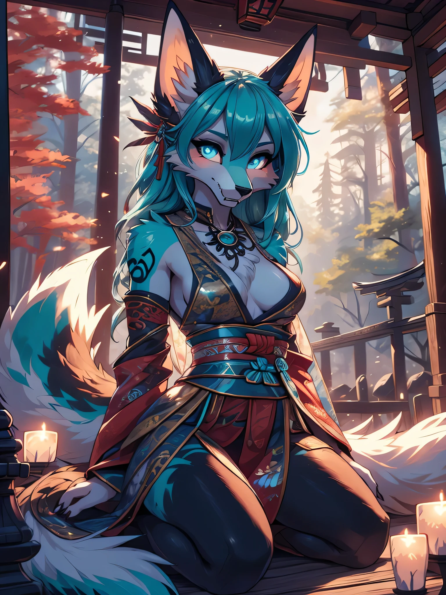 Miku Hatsune x vixen high definition good anatomy add_detail:1, blue fur,kitsune ears, tribal tattoo add_detail:1, cute girl add_detail:1, feudal priestess clothing add_detail:1, japanese shrine landscape add_detail:1, japanese shrine costume add_detail:1, add_detail:1, fullbody  descalza add_detail, highly detailed face, deep aqua iris add_detail:1 lighting eyes add_detail:3, wolf claws, sharp fangs add_detail:1, wild slut add_detail:1