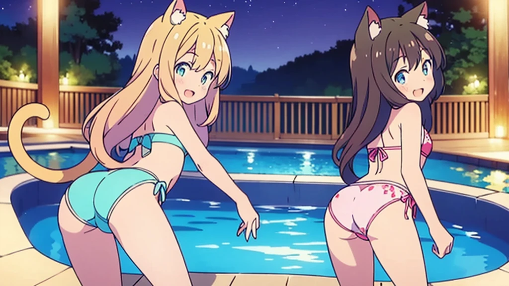 Masterpiece, Best Quality, extremely detailed, cheered up, Cat ears girl ,night pool,high waist bikini,SMILE,:d,action,ass focus