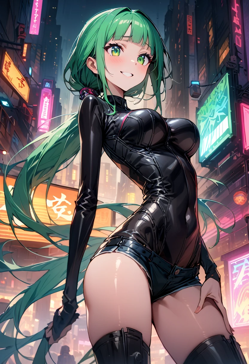 ((masterpiece,Highest quality:1.3)),cowboy shot,1woman,30 year old beauty,独奏,((very small head:1.3)),green hair,(low ponytail),long hair,blunt bangs,green eyes,gorgeous eyes,shy,smile,medium breasts,((very long body:1.2)),((toned body,slender body,skinny)),gleaming skin,shiny skin,((Black leather bodysuit、Long sleeve)),Micro Shorts))、barefoot、Black leather combat boots、standing,Metropolis、neon、cyber punk、World of Blade Runner、