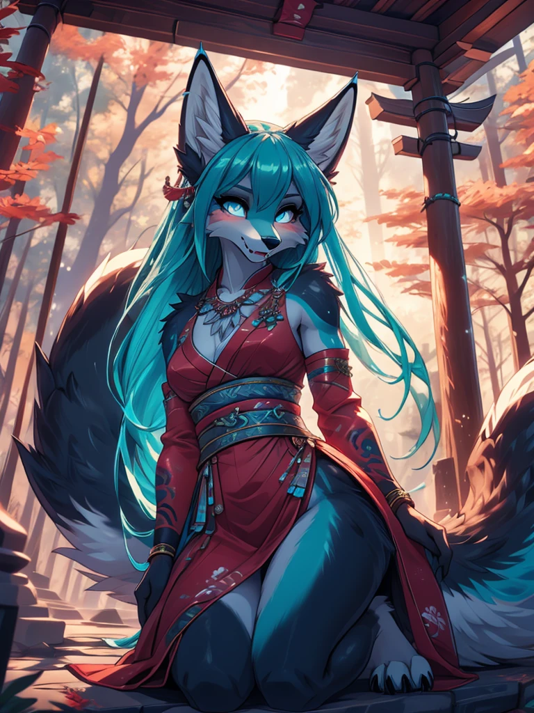 Miku Hatsune x vixen high definition good anatomy add_detail:1, blue fur,kitsune ears, tribal tattoo add_detail:1, cute girl add_detail:1, feudal priestess clothing add_detail:1, japanese shrine landscape add_detail:1, japanese shrine costume add_detail:1, add_detail:1, fullbody descalza add_detail, highly detailed face, deep aqua iris add_detail:1 lighting eyes add_detail:3, wolf claws, sharp fangs add_detail:1, wild slut add_detail:1