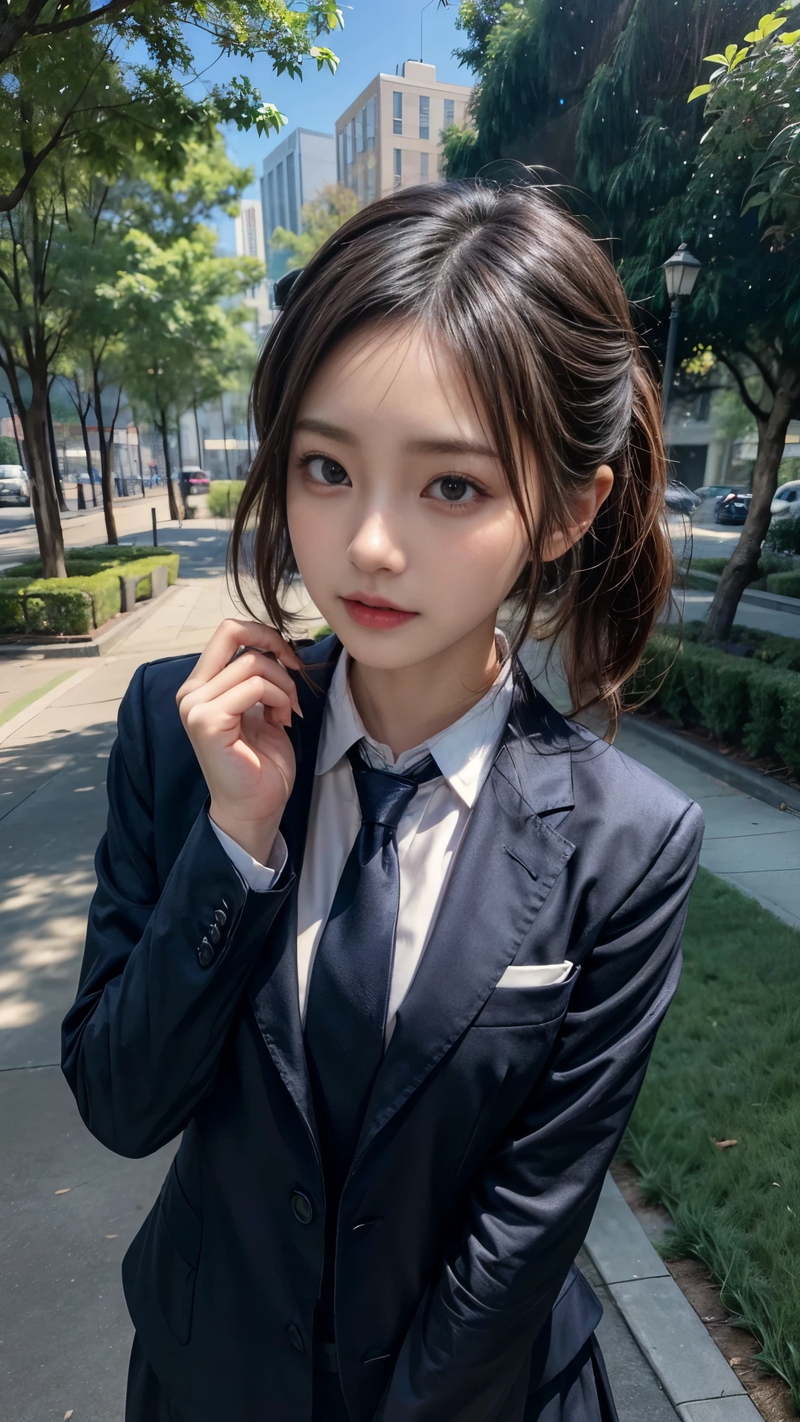 ((Beautiful woman standing in the park:1.2, trouble)), (Beautiful , Baby Face: lips:1.2), ((Fancy tie, Navy Suit:1.2)), Short Hair, ((Very deep darkness, Black Companies, Agent)), Slender body line, Small and slender figure, ((The slit reveals her seductive thighs:1.2)), (Detailed eyes and face, Professional photography techniques), (Highest quality, 8K, masterpiece:1.2, RAW Photos)