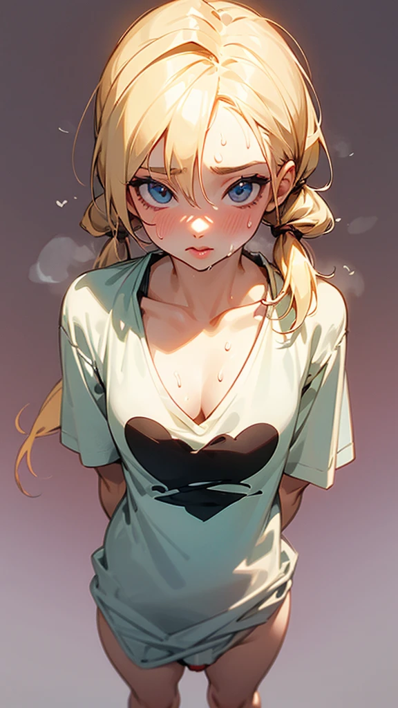 nsfw,(Petite),(boy),penis,blonde low twintails,lips,Cleavage through the gap in the T-shirt,Front pose,Sweat,White Breath,Viewers from the front,Standing posture,