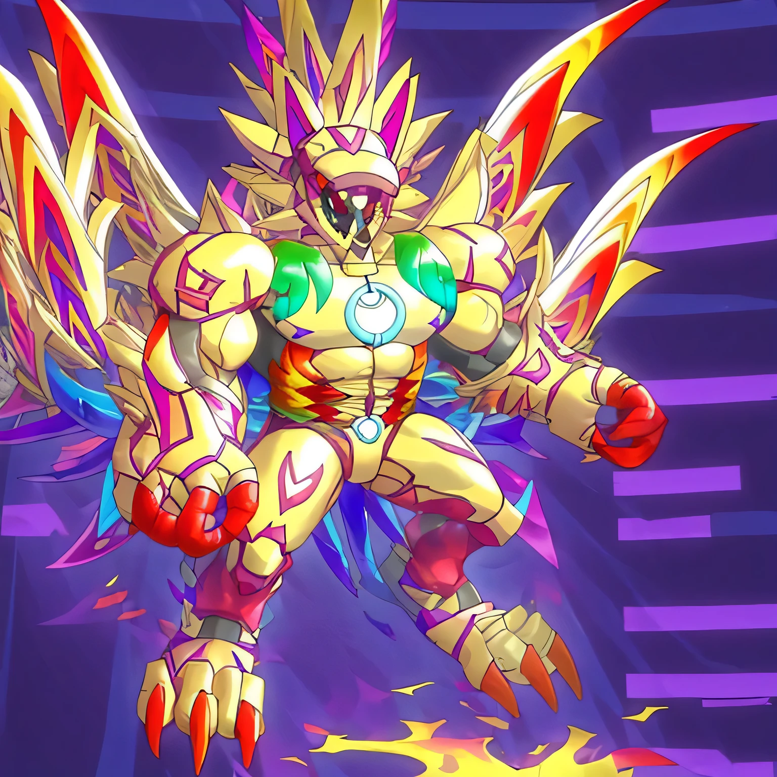 (masterpiece. official art. 8k. best quality. detailed full body. full body.)
(situation 1 : dominating The Phoenix Wolf. The Phoenix Wolf is over 1000 meters long. focus GIANT mechanical Muscular The Phoenix Wolf is trampling the car. Looking down.)
(situation 2 :smoke and flames rising from the destruction in the city)
(Additional details 1: Wearing golden Armor. Cape. Helmet. real texture material. whole body shines like metal. emphasizes the muscles. suit fully made of metal.Robotic suit).
(Additional details 1.5: The arms are golden. The lower half of the body is golden. The wolf-shaped helmet has sharp fangs. The whole body is golden. There is a ring above the head.).
(Additional details 2: Detailed head. Detailed Body. Detailed abs. gigantic muscles. HYPER MUSCLES. Gigachad Muscular. big muscle. pecs. triceps. traps. unusually developed muscular body. body full of huge muscles. showing off muscles. pectorales enormes. Exaggeratedly huge muscles. huge muscles. long legs.).
(Additional details 3:Spread wings. It has wings. The claws are sharp. Sharp teeth.). He is laughing defiantly. The claws are sharp. Sharp teeth.).
(Additional details 3.5 : nj5furry, He is laughing defiantly. medieval armor.).