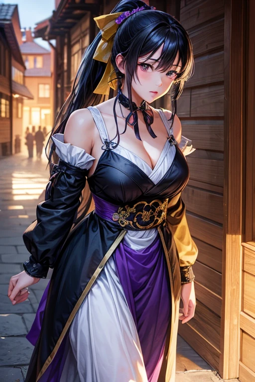 Akeno Himejima, Best Quality, Masterpiece, realistic photo, intricate details, photo and gross, ultra detailed, old fashioned young woman, with peasant style dress, no necklines, black fur, perfect detailed violet eyes, walking in an old city, high definition quality, 8k, young woman, 20 years, with a  and a yellow ribbon at the base of her hair that ties it to form a ponytail