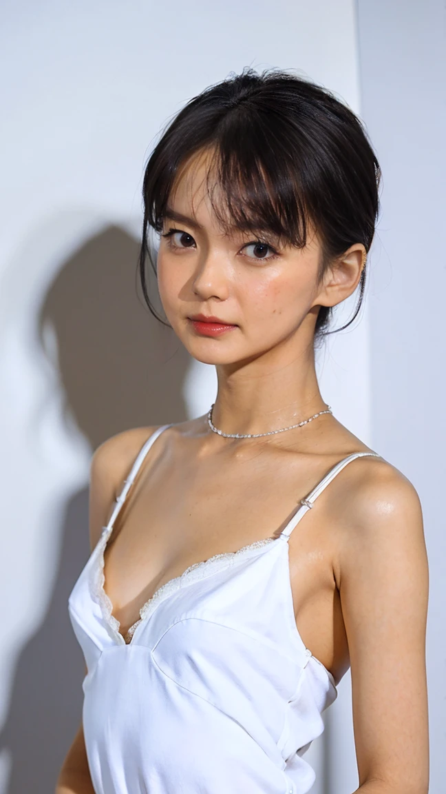 1girl, solo, breasts, looking at viewer, short hair, bangs, simple background, black hair, white background, hair between eyes, bare shoulders, closed mouth, collarbone, upper body, japanese clothes, kimono, black eyes, lips, spiked hair, genderswap, genderswap (mtf)