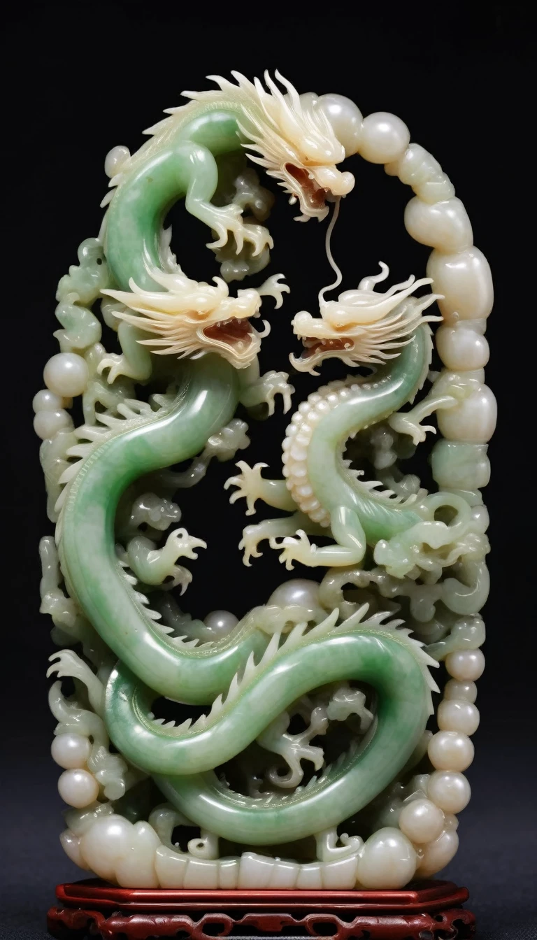 Jade carving design style，Double Dragons Playing with a Pearl, Qi Baishi and Chen Longque、Chen Dingbo&#39;s dynamic illustration pumpkin carving, Octane Rendering,(best quality, masterpiece, representative work, Official Art, professional, 8K:1.3)